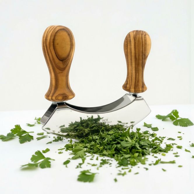 Hovedbilde Urtehakker i Oliventre og Rustfritt Stål - Mezzaluna